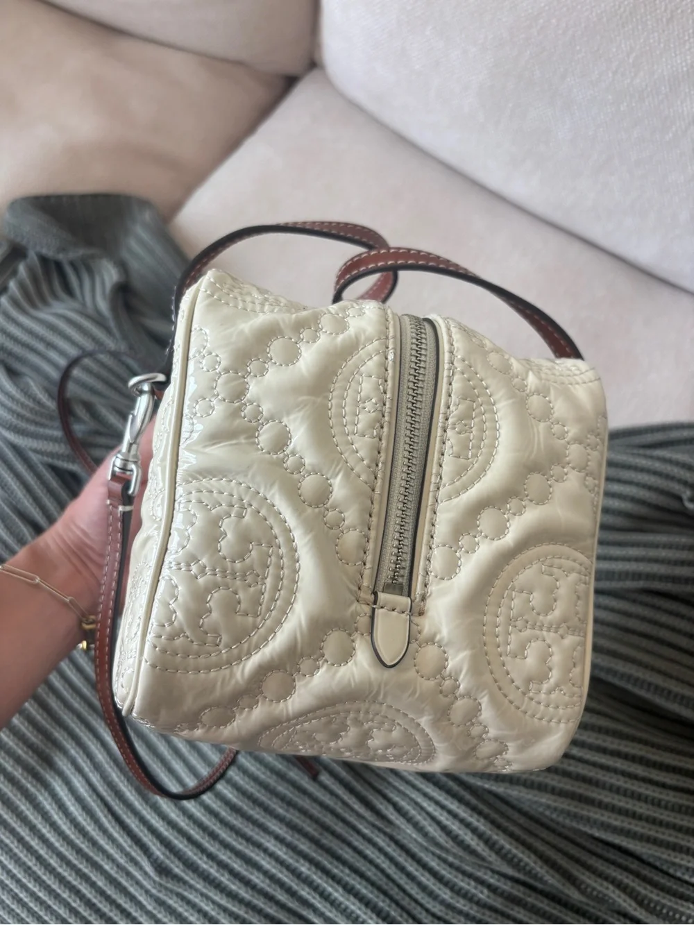 Tory Burch Cream Quilted Leather Cube bag
